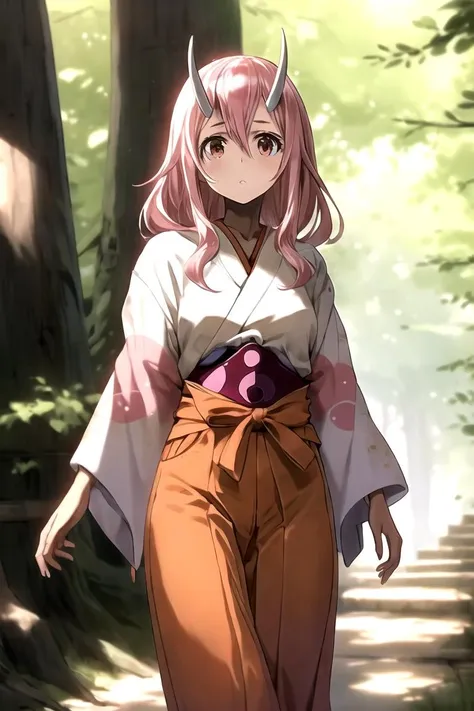 masterpiece, best quality, shuna (tensura), 1girl, solo, long hair, pink hair, oni horns, hair between eyes, kimono, hakama, fantasy town, forest, walking
<lora:shuna_tensura-08:0.8>