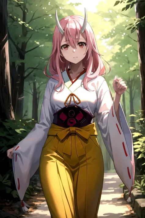 masterpiece, best quality, shuna (tensura), 1girl, solo, long hair, pink hair, oni horns, hair between eyes, kimono, hakama, fantasy town, forest, walking
<lora:shuna_tensura-08:0.8>