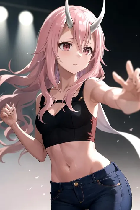 Young boxer、long pink hair、piggy back, brunette、Black sports bra and shorts、Boxing gloves、With penetrating gaze、blue eyes, Boxing posture、Waist、Boxing gym in the background, muscular belly, muscular legs