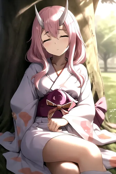 masterpiece, best quality, shuna (tensura), 1girl, solo, long hair, pink hair, oni horns, hair between eyes, kimono, hakama, lying, under a tree, curled up, sleeping, 
<lora:shuna_tensura-08:0.8>