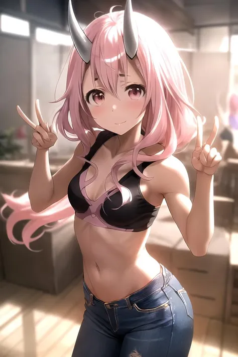 masterpiece, best quality, shuna (tensura), 1girl, solo, long hair, pink hair, oni horns, hair between eyes, small breasts, dancing, (black midriff:1.1), short jeans, shiny skin, navel,
<lora:shuna_tensura-08:0.8>