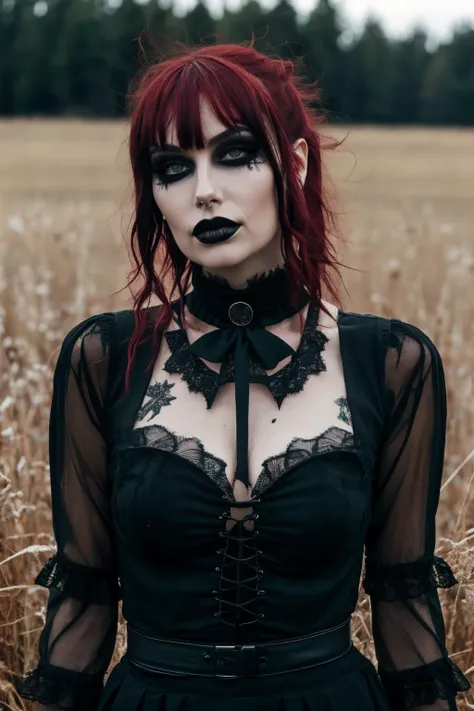 g0thg1rl , woman has a gothic appearance, characterized by her dark makeup, deep red lipstick, and black lace clothing. Her red hair is styled with fringe and the look is completed with various dark, intricate jewelry pieces. She is positioned in a natural setting, amidst what appears to be a field, with the sunlight casting a soft glow around her. Her gaze is intense and direct, with a strong presence that's accentuated by her striking green eyes. The mood is somewhat mysterious and enigmatic, fitting the gothic aesthetic. <lora:G0thG1rl_sd15_style_v7:0.75> g0thg1rl