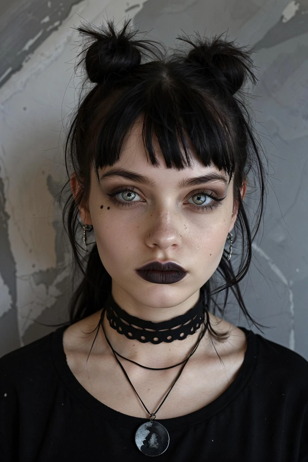 a person with a unique alternative aesthetic. They have dark hair styled with two buns on the top of their head and straight bangs across their forehead. The individual's eyes are a soft green, and they wear dramatic black lipstick. They have a septum piercing and multiple earrings in one ear. Their makeup is notable for the winged eyeliner, and there are artistic black streaks or smudges on their right cheek, adding an edgy touch. They wear a black t-shirt with a graphic design visible at the neckline, and their look is accessorized with a black choker and layered necklaces. The backdrop has a marbled or mottled texture in grayish tones, which complements the dark hues of their outfit and makeup. <lora:G0thG1rl_sd15_style_gpt_trigger:0.75> g0thg1rl