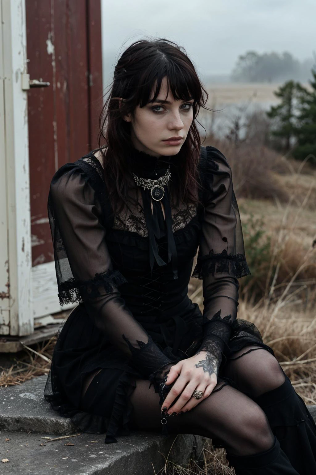 an individual seated in a natural, open setting, with mist or fog adding a mysterious ambiance. The person is dressed in an elaborate gothic style gown with multiple layers of lace and ruffles, which suggests a Victorian influence. The dark color palette of the attire is consistent with gothic fashion, emphasizing the somber and romantic themes often associated with the subculture.
The individual's hair is styled in a tousled manner, with hints of color that may indicate a rebellious or personal twist to the traditional gothic look. They are adorned with ornate jewelry, including a necklace with a prominent pendant that serves as a focal point against the dark fabric of the dress.
The person's pose and distant gaze evoke a contemplative or melancholic mood, which is complemented by the bleak and desolate landscape. The stark contrast between the intricate details of the clothing and the simplicity of the natural surroundings emphasizes the solitude and introspective state of the individual. The overall composition of the image, from the fashion to the setting, creates a narrative that invites the viewer to ponder the story behind the subject's presence in this eerie environment.
<lora:G0thG1rl_sd15_style_gpt_trigger:0.75> g0thg1rl