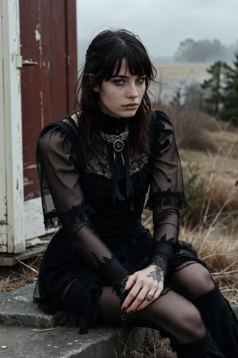 an individual seated in a natural, open setting, with mist or fog adding a mysterious ambiance. The person is dressed in an elaborate gothic style gown with multiple layers of lace and ruffles, which suggests a Victorian influence. The dark color palette of the attire is consistent with gothic fashion, emphasizing the somber and romantic themes often associated with the subculture.
The individual's hair is styled in a tousled manner, with hints of color that may indicate a rebellious or personal twist to the traditional gothic look. They are adorned with ornate jewelry, including a necklace with a prominent pendant that serves as a focal point against the dark fabric of the dress.
The person's pose and distant gaze evoke a contemplative or melancholic mood, which is complemented by the bleak and desolate landscape. The stark contrast between the intricate details of the clothing and the simplicity of the natural surroundings emphasizes the solitude and introspective state of the individual. The overall composition of the image, from the fashion to the setting, creates a narrative that invites the viewer to ponder the story behind the subject's presence in this eerie environment.
  <lora:G0thG1rl_sd15_style_gpt_trigger:0.75> g0thg1rl