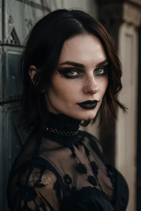 g0thg1rl , a woman with a captivating and intense look. The tousled, dark hair frames a face with striking features, including piercing green eyes that are emphasized by dark, smudged eye makeup. The woman's pale skin is dotted with freckles, adding to the natural yet dramatic effect of the portrait. The subtle nose piercing and the black clothing with lace details suggest a style that combines edginess with a hint of gothic influence. The backdrop appears to be a rustic or worn setting, which enhances the moodiness of the image. The woman's direct gaze is engaging and seems to convey a depth of emotion or a story untold <lora:G0thG1rl_sd15_style_v3:0.65>