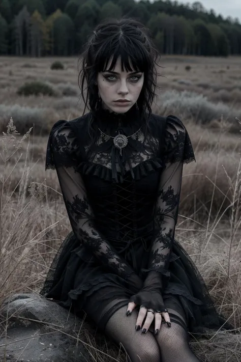 an individual seated in a natural, open setting, with mist or fog adding a mysterious ambiance. The person is dressed in an elaborate gothic style gown with multiple layers of lace and ruffles, which suggests a Victorian influence. The dark color palette of the attire is consistent with gothic fashion, emphasizing the somber and romantic themes often associated with the subculture.
The individual's hair is styled in a tousled manner, with hints of color that may indicate a rebellious or personal twist to the traditional gothic look. They are adorned with ornate jewelry, including a necklace with a prominent pendant that serves as a focal point against the dark fabric of the dress.
The person's pose and distant gaze evoke a contemplative or melancholic mood, which is complemented by the bleak and desolate landscape. The stark contrast between the intricate details of the clothing and the simplicity of the natural surroundings emphasizes the solitude and introspective state of the individual. The overall composition of the image, from the fashion to the setting, creates a narrative that invites the viewer to ponder the story behind the subject's presence in this eerie environment.
<lora:G0thG1rl_sd15_style_gpt_trigger:0.75> g0thg1rl