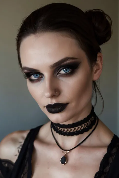 (best quality, hyperdetailed photography:1.2), beautiful european lady, ((dark black lipstick)), freckles, gothic makeup, soft light, curvy figure, head and breast portrait, cover, (detailed beautiful face, detail skin texture, ultra-detailed body:1.1) sexy vampire women, full body