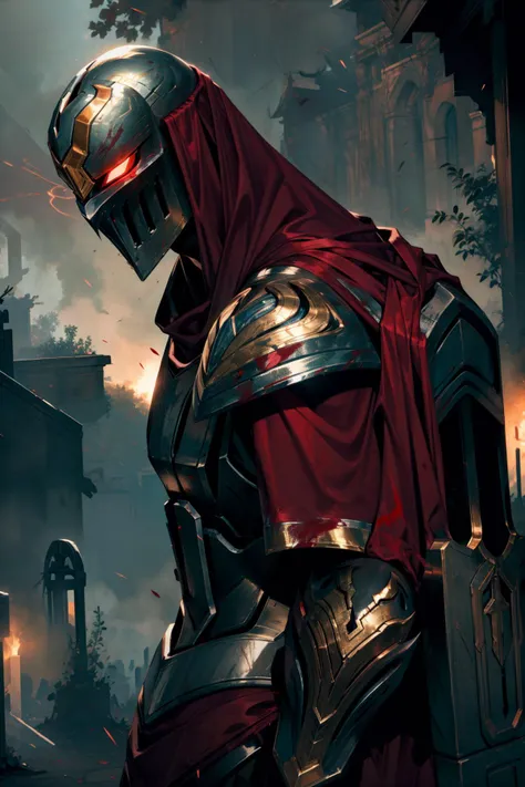 (masterpiece, best quality:1.2), intricate details, <lyco:GoodHands-beta2:1>, <lora:lol_zed-000016:1>, zed, 1boy, male focus, helmet, full armor, glowing eyes, solo, smoke, sparks, blood, graveyard, shadow, blood on clothes, upper body