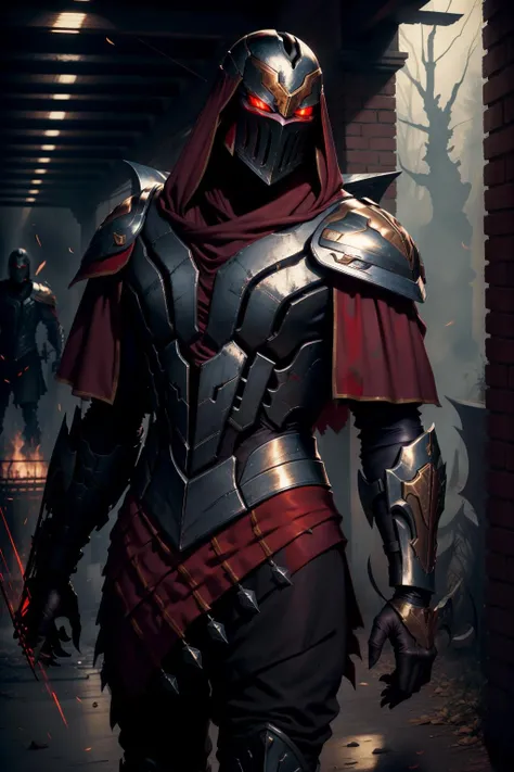 (masterpiece, best quality:1.2), intricate details, <lyco:GoodHands-beta2:1>, <lora:lol_zed-000016:1>, zed, 1boy, male focus, helmet, full armor, glowing eyes, solo, smoke, moody, sparks, blood, temple, shadow, blood on clothes,