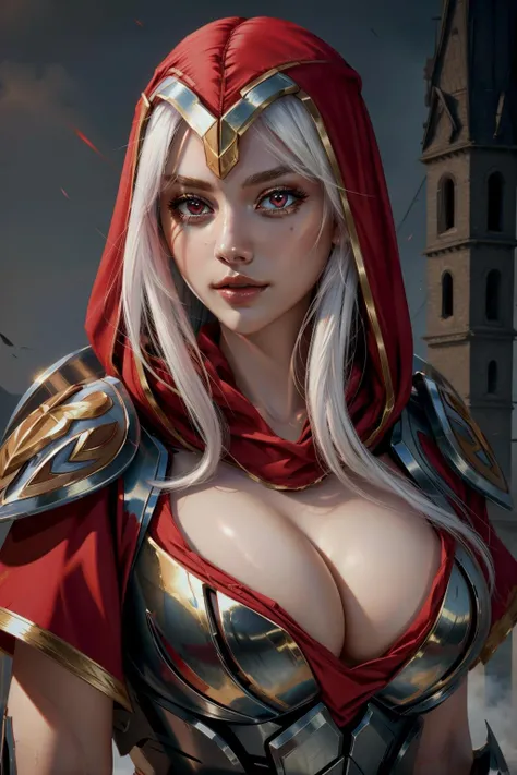 (masterpiece, best quality:1.2), intricate details, <lyco:GoodHands-beta2:1>, <lora:lol_zed-000016:1>, zed, 1girl, armor, long hair, cleavage, white hair, red eyes, hood