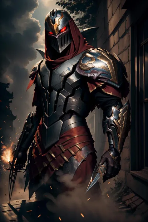 (masterpiece, best quality:1.2), intricate details, <lyco:GoodHands-beta2:1>, <lora:lol_zed-000016:1>, zed, 1boy, male focus, helmet, full armor, cowboy shot, glowing eyes, smoke, sparks, blood, shadow, sharp, holding weapon