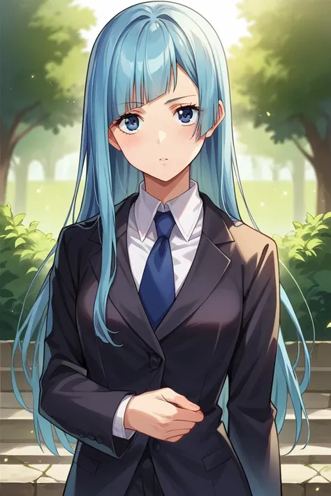 score_9, score_8_up, score_7_up, score_6_up, score_5_up, score_4_up, rating_questionable, , source_anime, digital illustration, pixiv, fanbox, uncensored, , BREAK, official art,
1girl, solo,, female, kasumi miwa, blue hair, blue eyes, straight hair,
black suit, white shirt, necktie,  cowboy shot,, outdoors, looking at viewer, colorful, vivid,,  <lora:Kasumi_Miwa_Pony-10:0.9>