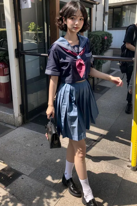 (((Dressing:1.8))), ((Dress up reliably:1.8)), (((pantie shot:1.8))), (((Show the camera everything about your panties:1.5))), ((Lifted skirt:1.8)), (((short sleeves school uniform:1.8, Dark blue mini skirt:1.5, white panties with a small area,,,:1.5))), espadrilles, (Modern old cityscape:1.8), ((Happy look:1.3)), 1girl in, 独奏, 13years, short-hair, A dark-haired, With bangs, small tits, A slender, Small buttocks, beauty legs, Skinny Legs, surrealism, Cinematic lighting, depth of fields, One-person viewpoint, F/1.8, 135 mm, nffsw, masutepiece, ccurate, ((Anatomically correct:1.3)), Textured skin, Super Detail, high details, High quality, awardwinning, Best Quality, hight resolution, 8K