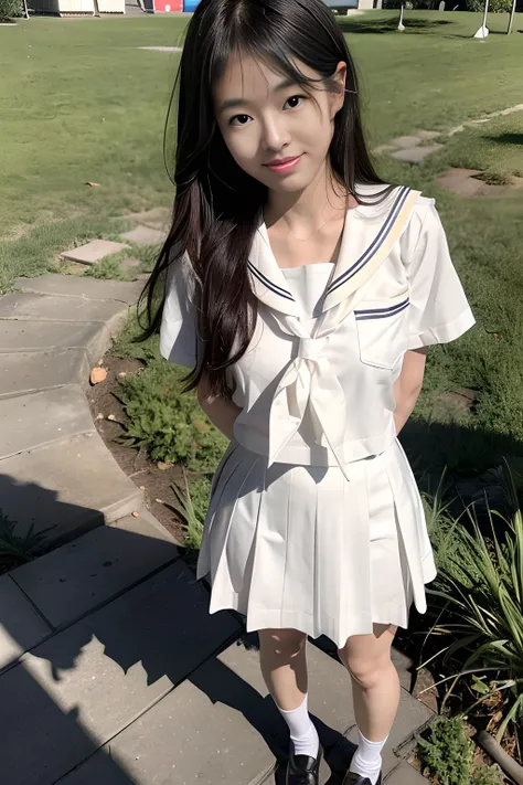 (8k, RAW photo, best quality, masterpiece:1.2), (realistic, photo-realistic:1.37), ultra highres, depth of field, chromatic aberration, caustics, Broad lighting, natural shading,Fujifilm XT3,masterpiece,ultra detailed,1girl, breasts, solo, medium breasts, looking at viewer, blush, nipples, smile, collarbone, bare shoulders, cleavage, thighs, full body, outdoors, standing on a grassland, small hip, long legs, slender waist, (skinny legs), smile, (sexually suggestive),(full body), <lora:add_detail:0.5>, <lora:serafuku:0.7>,whit japanese school shirt, white sailor collar, white neckerchief, short sleeves, white skirt, socks, black shoes