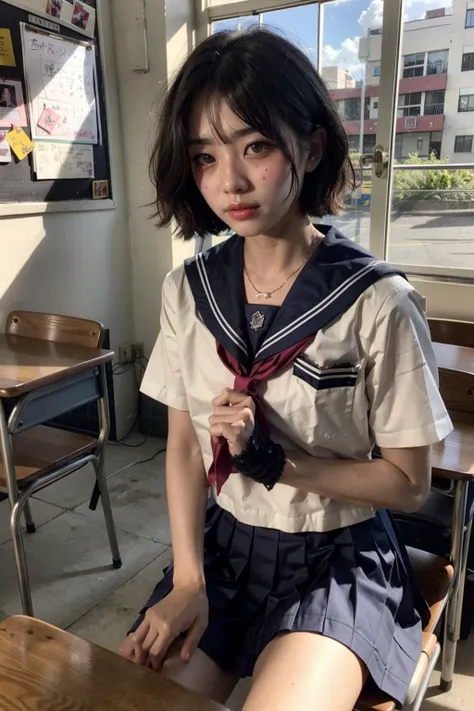 (((Best Quality))), ((Ultra-detailed)),((extremely delicate and beautiful)), ((11 year old)), a baby face, ((Perfect skeleton)), Realistic, ..CGI, gleaming hair, gleaming skin, Gleaming clothes, Solo, stylish pose, strong light coming in, Game CG, ((Sit on the classroom floor)), ((Detailed blue horizontal striped panties)), ((Sit with both knees upright)), ((Junior high school uniform)), ((very short back hair)), Black eyes, Navy skirt, white sock, Physical Education Shoes, Navy Blazer, Red string ribbon, crass room, View from the front,Detailed five-finger