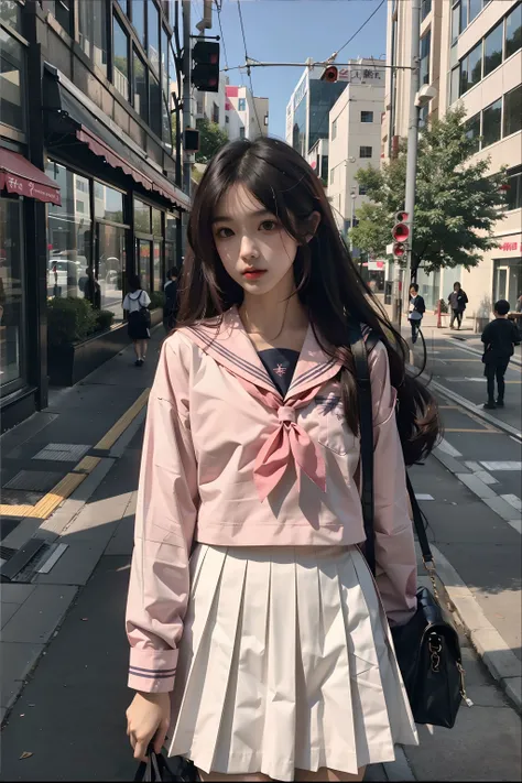 <lora:serafuku:0.6>, best quality, 1girl, long hair, (pink japanese school shirt), sailor collar, neckerchief, long sleeves, white skirt, ((upper body)), standing, outdoors, cityscape, streets, buildings,
