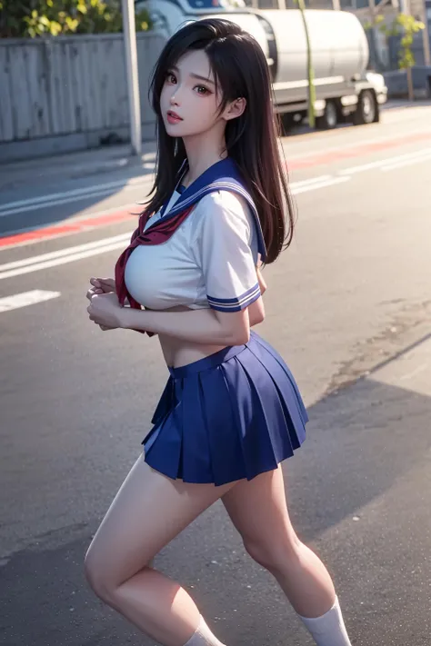 Best quality, masterpiece, ultra high res, (photorealistic:1.4), [:(detailed face:1.2):0.2], shiny eyes, pureerosface_v1, from side,
1girl,
<lora:tifav2:0.5> tifa lockhart, red_eyes, red iris, long black hair,
<lora:serafuku:0.5> white japanese school shirt, blue sailor collar, pink neckerchief, short sleeves, blue skirt, socks, black shoes,
<lyco:GoodHands-beta2:1> nice hands, perfect hands, (big breasts, narrow waist, wide hips, thick thighs)