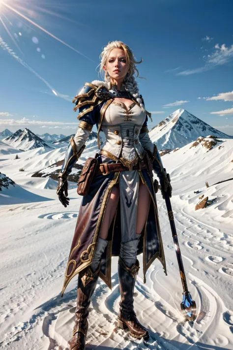 (masterpiece, best quality:1.3)
<lora:epi_noiseoffset2:1> <lora:add_detail:0.7> <lora:WowJaina:0.8>
WowJaina, 1girl, solo, long hair, breasts, looking at viewer, blonde hair, gloves, holding, cleavage, medium breasts, standing, full body, weapon, braid, white hair, boots, outdoors, sky, belt, armor, bandages, polearm, shoulder armor, corset, snow, pauldrons, pouch, mountain