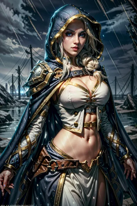(masterpiece, best quality:1.3)
<lora:epi_noiseoffset2:1> <lora:add_detail:0.7> <lora:WowJaina:0.8>
WowJaina, 1girl, solo, long hair, breasts, blonde hair, large breasts, navel, cleavage, white hair, midriff, hood, cape, armor, makeup, glowing, lipstick, glowing eyes, rain, magic