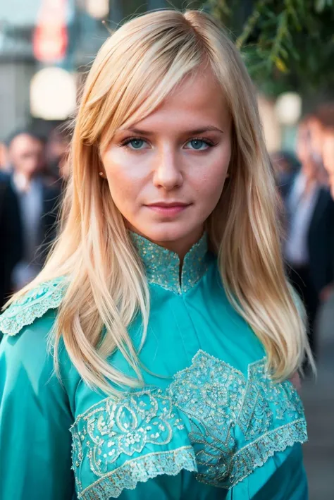 Instagram picture of a beautiful blonde woman, wearing a intricate turquoise attire, premiere screening, portait, epic character composition,by ilya kuvshinov, alessio albi, nina masic,sharp focus, subsurface scattering, f2, 35mm, film grain <lora:bellaba:1>
