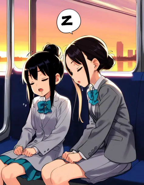 score_9, score_8_up, score_7_up, rating_safe BREAK
2girls, single hair bun, dark hair, closed eyes, sleepy, sleeping, (open mouth), ((drool)), grey blazer, white shirt, formal suit, skirt, sitting, (v arms:0.8), public train, train interior, city background, sunset, spoken z
<lora:rokkaku_pony-v1-000011:0.8>