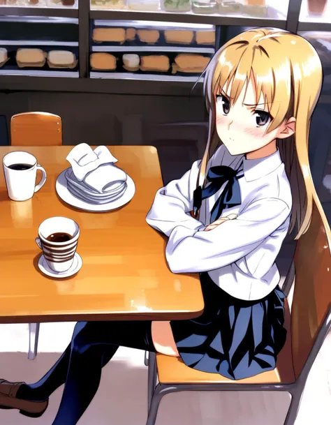 score_9, score_8_up, score_7_up, source anime BREAK 1girl, looking at viewer, crossed arms, blush, exhaust, shy, annoyed, black ribbon, black skirt, black thighhighs, brown shoes, pleated skirt, ribbon, school uniform, skirt, zettai ryouiki, cafe shop, restaurant, sitting, chair, crossed legs, table, coffee, from above, from side, looking at viewer
<lora:rokkaku_pony-v1-000010:0.8>