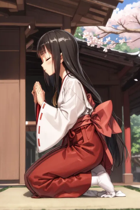 (sketch:1.25), 1girl, blunt bangs, forehead, extremely long hair, shiny black hair, closed eyes BREAK (praying:1.2), miko, long sleeves, red skirt, japanese clothes, tabi BREAK on floor, (seiza), from side, full body, wide shot BREAK detailed background, (outside:1.2), shrine, (cherry blossoms:1.1)