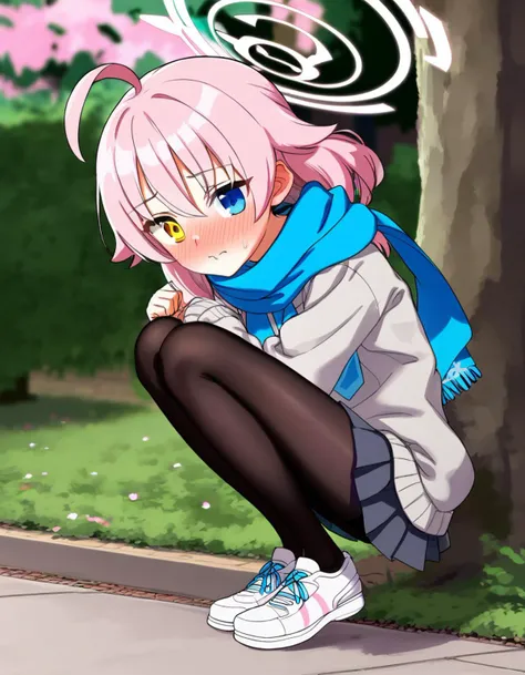 score_9, score_8_up, score_7_up, source anime, rating safe BREAK 1girl, solo, full-face blush, embarrased, medium hair, (heterochromia, yellow eye, blue eye:1.1), ponytail, ahoge, halo, grey sweater, pink hair, hoshino \(blue archive\), blue scarf, pleated skirt, white shirt, blue necktie, (black pantyhose:1.2), shoes, park, squatting, (legs together, feet together:1.2), (from side:0.9), sneakers
<lora:rokkaku_pony-v1-000010:0.8>
