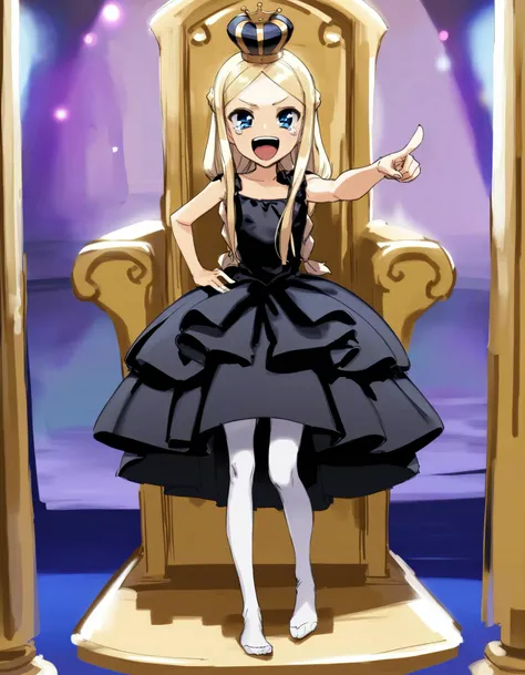 score_9, score_8_up, score_7_up, rating_safe, absurdres BREAK 1girl, woman, (laughing, open mouth, tearing up:1.2), (foreshortening, pointing at viewer:1.35), blonde hair, braided bangs, long hair, gold mini crown, blue eyes, flat chest, black dress, white pantyhose, barefoot, standing, (full body, very wide shot:1.2), hand on own hips, royal throne, luxurious living room
<lora:rokkaku_pony-v1-000011:0.8:LBW=SDXL-LyC-OUTALL>