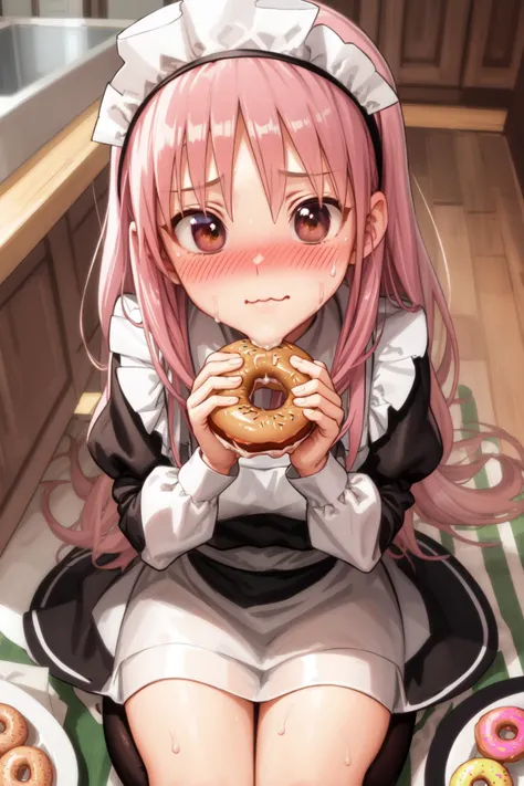 (masterpiece, best quality:1.2),
1girl, (puffy cheeks:1.4), (:3, surprised, full-face blush, sweat drop:1.2), looking at viewer, long hair, pink hair, brown eyes BREAK
maid dress, black dress, headband, sitting, on floor, seiza
BREAK from above, (eating, holding food, donuts), food, plate stack, food on face, kitchen