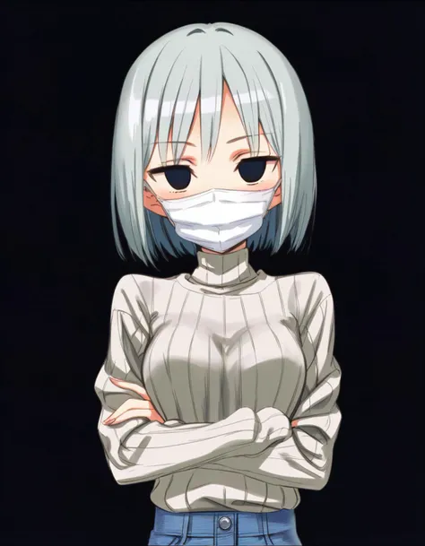 score_9, score_8_up, score_7_up, source anime BREAK 1girl, masterpiece, best quality, very aesthetic, absurdres, ultra-detailed stylization, rating_questionable, intricate_texture, sharpen, thin strokes, BREAK looking at viewer, narrowed_eyes, jitome, yandere_gaze, blush, (empty_eyes:1.2), 1girl, white_hair, bob_cut, (mouth mask brutal:1.2), crossed arms, wearing blue jeans, wearing black turtleneck, skinny, slim, tall, medium breasts, wide hips, narrow waist, upper body, (from side:0.5), perspective, simple background, (black background:1.8)
<lora:rokkaku_pony-v1-000010:0.8>