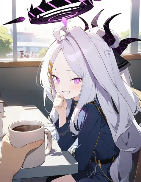 povhldg coffee mug, pov hands,
1girl, hina \(blue archive\), blue archive, doremi, official art,
grin, from side, looking at viewer, sitting, cafeteria, sunlight, hand on own chin, blue jacket, uniform, halo,
best quality, masterpiece
<lora:concept_povholding_res:1>