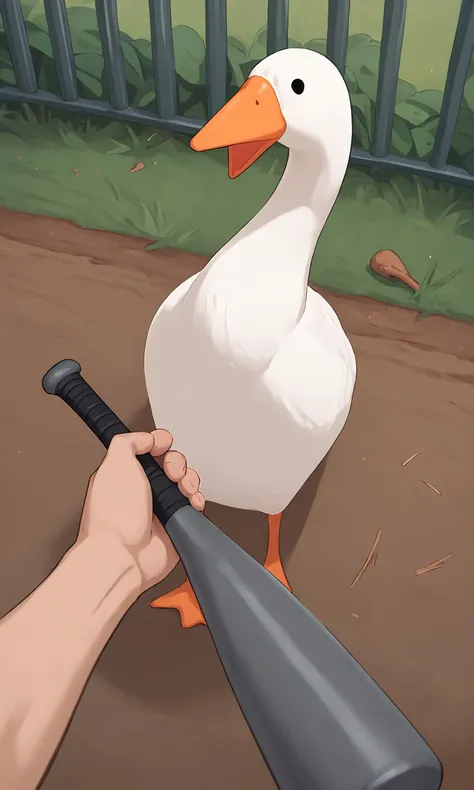 score_9, score_8_up, score_7_up, source_cartoon, rating_safe, solo, feral, <lora:UntG00seV1Pony-000060:0.8>, untg00se, goose, bird, <lora:concept_povholding_res:1> pov hands, povhldg metal_baseball_bat,