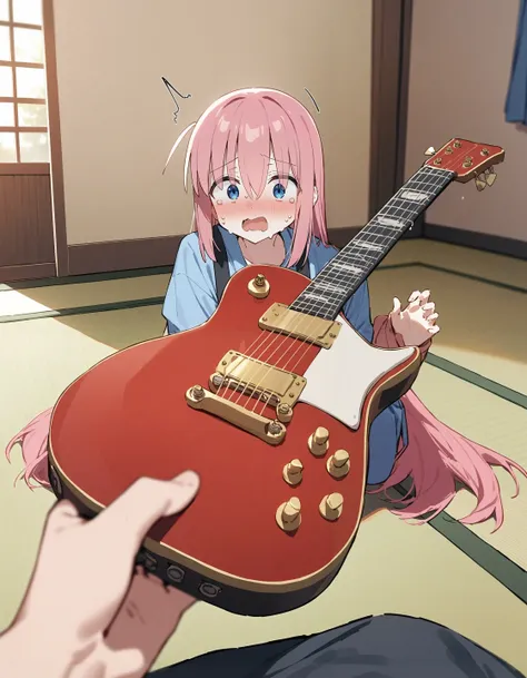 povhldg guitar, pov hands,
1girl, hitori bocchi, bocchi the rock!,
bedroom, tatami, indoors, clutter, surprised, nervous sweating, full body, detailed background, 
best quality, masterpiece
<lora:concept_povholding_res:1>