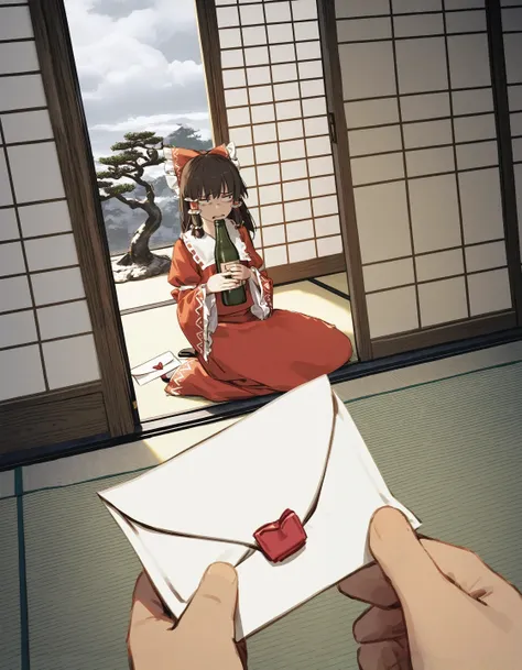 povhldg love letter, pov hands,
1girl, hakurei reimu, touhou, qi==qi,
indoors, tatami, sliding doors, bonsai, disgust, on floor, holding bottle, beer bottle, looking away,
cloudy sky, clutter,
best quality, masterpiece
<lora:concept_povholding_res:1> <lora:artist_multi_xl-v2.8:1>