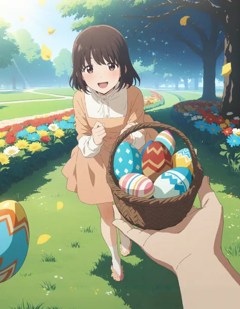 povhldg small basket, easter egg, pov hands,
1girl, tomu \(tomubobu\),
full body, dress, happy, looking at viewer,
grass, outdoors, tree, sunlight, flower, falling petals, blue flower, red flower, yellow flower, wind,
best quality, masterpiece
<lora:concept_povholding_res:1>