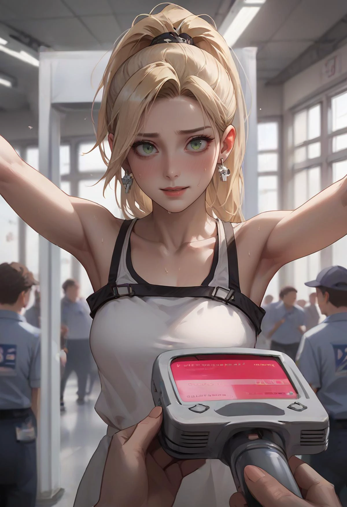 score_9, score_8_up, score_7_up, score_6_up, source_anime, (rating_safe:0.0), (rating_questionable:1.0), (rating_explicit:0.0), <lora:Concept Art Eclipse Style LoRA_Pony XL v6:0.7> <lora:pytorch_lora_weights:1>
<lora:xl_kelala_pony_ceshi(pony):0.8> korean style,
indoors, airport, airport security,
1girl, multiple girls, crowd, standing, (outstretched arms:1.5), upper body, bare shoulders, miniskirt, black miniskirt, nervous, nervous sweating, nervous smile, blonde hair, long hair, green eyes, earrings, ponytail,
a girl being searched at an airport security checkpoint,
<lora:concept_povholding-pony-v2:0.8> povhldg, pov holding, holding scanner, (security gate, gate:1.5),