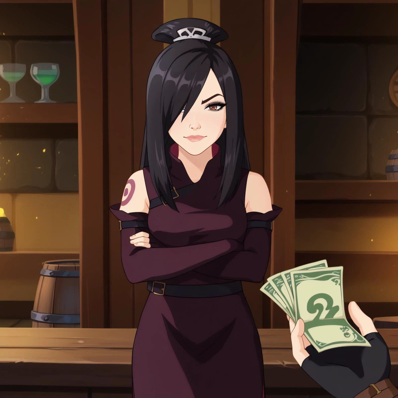 <lora:PersonalAmi_PonyXL:0.85>, <lora:pony_good_hands:0.85> good_hands, score_9, score_8_up, score_7_up, source_anime, BREAK, <lora:concept_povholding-pony-v2:1> povhldg money, banknote, tavern, looking at viewer, arms crossed, raised eyebrow, ?, smirk, <lora:ChamJunePonyXL:1> JuneAvatar, makeup, shoulder tattoo, black hair, brown eyes, hair over one eye, long hair, topknot, black dress, sleeveless, elbow gloves, black gloves, fingerless gloves, black belt, black pants, black boots