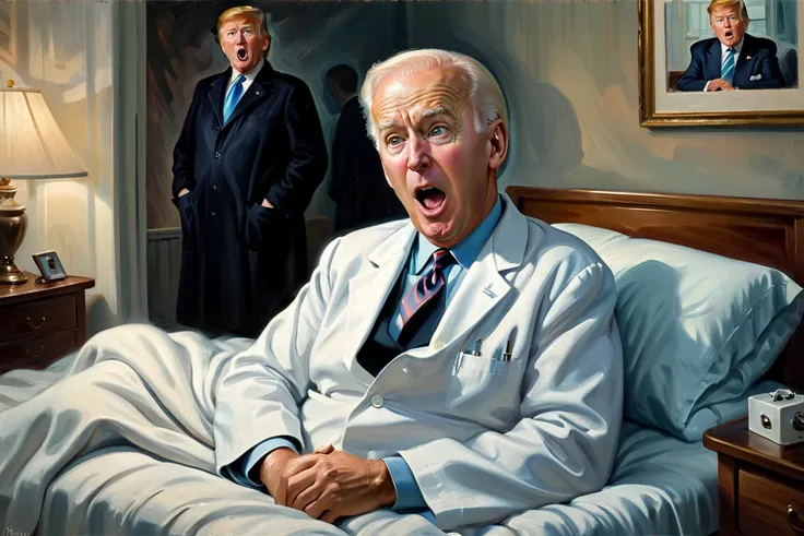 <lora:FF-Style-Edvard-Munch-vpred:0.9> in style of Edvard Munch, <lora:Art_Frahm:0.5> art by Art Frahm, 1950s, Edvard Munch painting of (Joe Biden:1.1) in pajamas lying in bed with surprised face, inspired by THE SCREAM painting, BREAK , (Donald trump as doctor in doctor's coat sitting near patient:1.3), emotional oil painting, highly detailed, volumetric, dramatic lighting, expression of feelings, imaginative