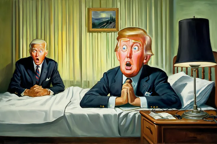 <lora:FF-Style-Edvard-Munch-vpred:0.9> in style of Edvard Munch, <lora:Art_Frahm:0.5> art by Art Frahm, 1950s, Edvard Munch painting of (Joe Biden:1.1) in pajamas lying in bed with surprised face, inspired by THE SCREAM painting, BREAK , (Donald trump as doctor in doctor's coat sitting near patient:1.3), emotional oil painting, highly detailed, volumetric, dramatic lighting, expression of feelings, imaginative