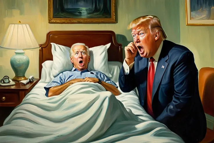 <lora:FF-Style-Edvard-Munch-vpred:0.9> in style of Edvard Munch, <lora:Art_Frahm:0.5> art by Art Frahm, 1950s, Edvard Munch painting of (Joe Biden:1.1) in pajamas lying in bed with surprised face, inspired by THE SCREAM painting, BREAK , (Donald trump as doctor in doctor's coat sitting near patient:1.3), emotional oil painting, highly detailed, volumetric, dramatic lighting, expression of feelings, imaginative