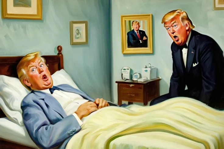 <lora:Art_Frahm:0.7> art by Art Frahm, 1950s , <lora:FF-Style-Edvard-Munch-vpred:1> in style of Edvard Munch, Edvard Munch painting of Donald trump in doctor clothes sitting near patient, BREAK Joe Biden in pajamas lying in bed with surprised face, inspired by SCREAM painting