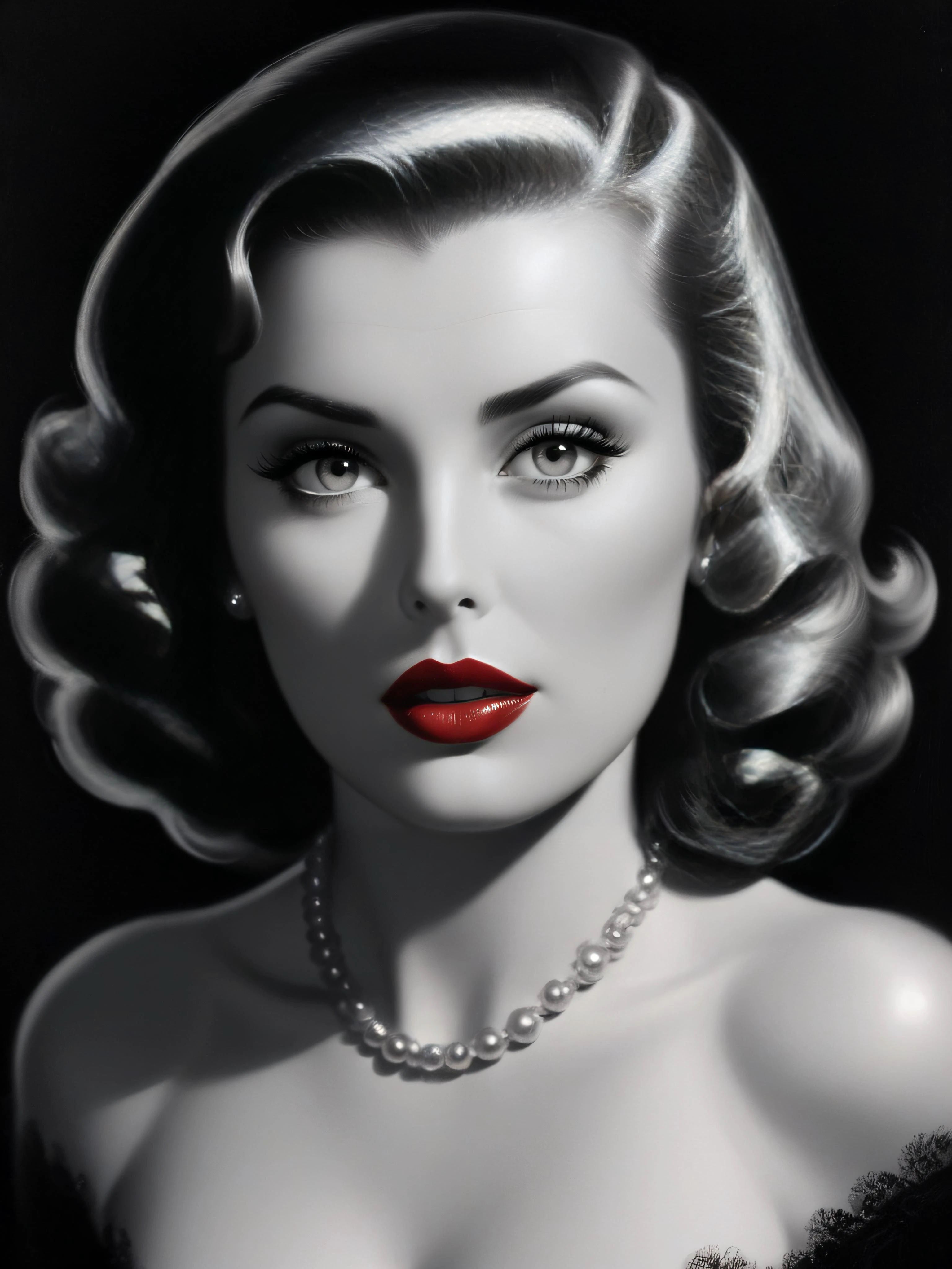 film noir style, woman, red lips, highly detailed, sharp focus, ultra sharpness, monochrome, high contrast, dramatic shadows, 1940s style, mysterious, cinematic <lora:Art_Frahm:0.8> 1950s <lora:mkdrgs:0.8> hyperreal, hyperrealistic, hyperrealism, hyperrealistic painting, mkdrgs style, (b&w, Monochromatic, Film Photography:1.3), Photorealistic, Hyperrealistic, Hyperdetailed, film noir, analog style, soft lighting, subsurface scattering, realistic, heavy shadow, masterpiece, best quality, ultra realistic, 8k, golden ratio, Intricate, High Detail, film photography, soft focus, dramatic lighting