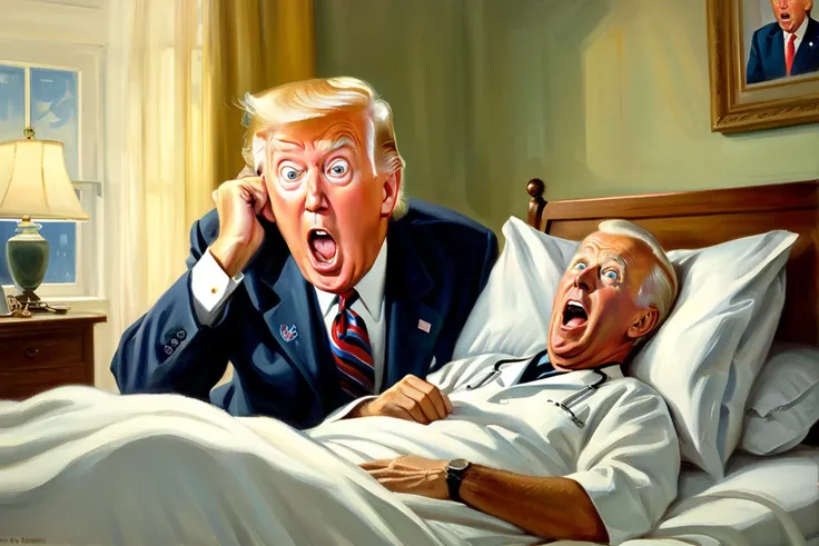 <lora:FF-Style-Edvard-Munch-vpred:0.7> in style of Edvard Munch, <lora:Art_Frahm:0.4> art by Art Frahm, 1950s, Edvard Munch painting of (Joe Biden:1.35) in pajamas lying in bed with surprised face, inspired by THE SCREAM painting, BREAK, (Donald trump as doctor in doctor's coat sitting near patient:1.4)