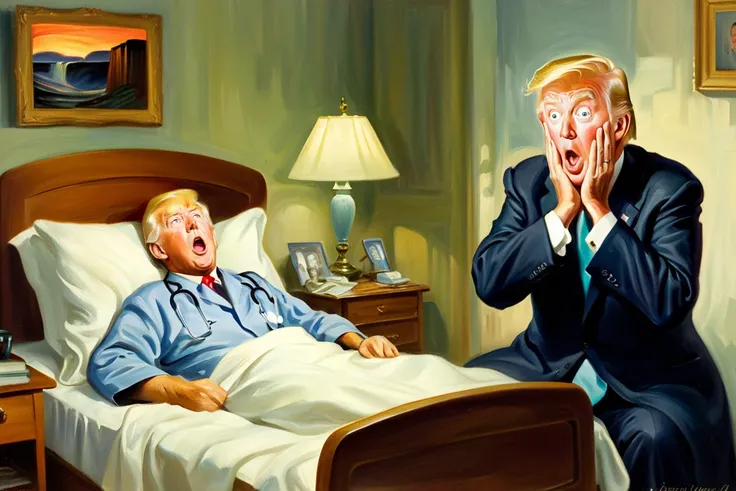 <lora:FF-Style-Edvard-Munch-vpred:0.9> in style of Edvard Munch, <lora:Art_Frahm:0.5> art by Art Frahm, 1950s, Edvard Munch painting of (Joe Biden:1.1) in pajamas lying in bed with surprised face, inspired by THE SCREAM painting, BREAK ,  (Donald trump as doctor in doctor's coat sitting near patient:1.3),  emotional oil painting, highly detailed, volumetric, dramatic lighting, expression of feelings, imaginative