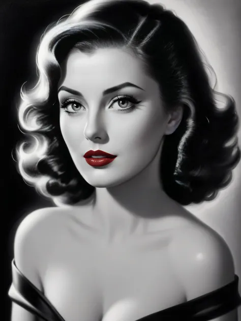 film noir style, woman, red lips, highly detailed, sharp focus, ultra sharpness, monochrome, high contrast, dramatic shadows, 1940s style, mysterious, cinematic <lora:Art_Frahm:0.8> 1950s <lora:mkdrgs:0.8> hyperreal, hyperrealistic, hyperrealism, hyperrealistic painting, mkdrgs style