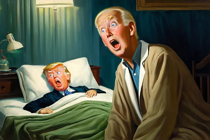<lora:FF-Style-Edvard-Munch-vpred:0.9> in style of Edvard Munch, <lora:Art_Frahm:0.5> art by Art Frahm, 1950s, Edvard Munch painting of (Joe Biden:1.1) in pajamas lying in bed with surprised face, inspired by THE SCREAM painting, BREAK , (Donald trump as doctor in doctor's coat sitting near patient:1.3), emotional oil painting, highly detailed, volumetric, dramatic lighting, expression of feelings, imaginative