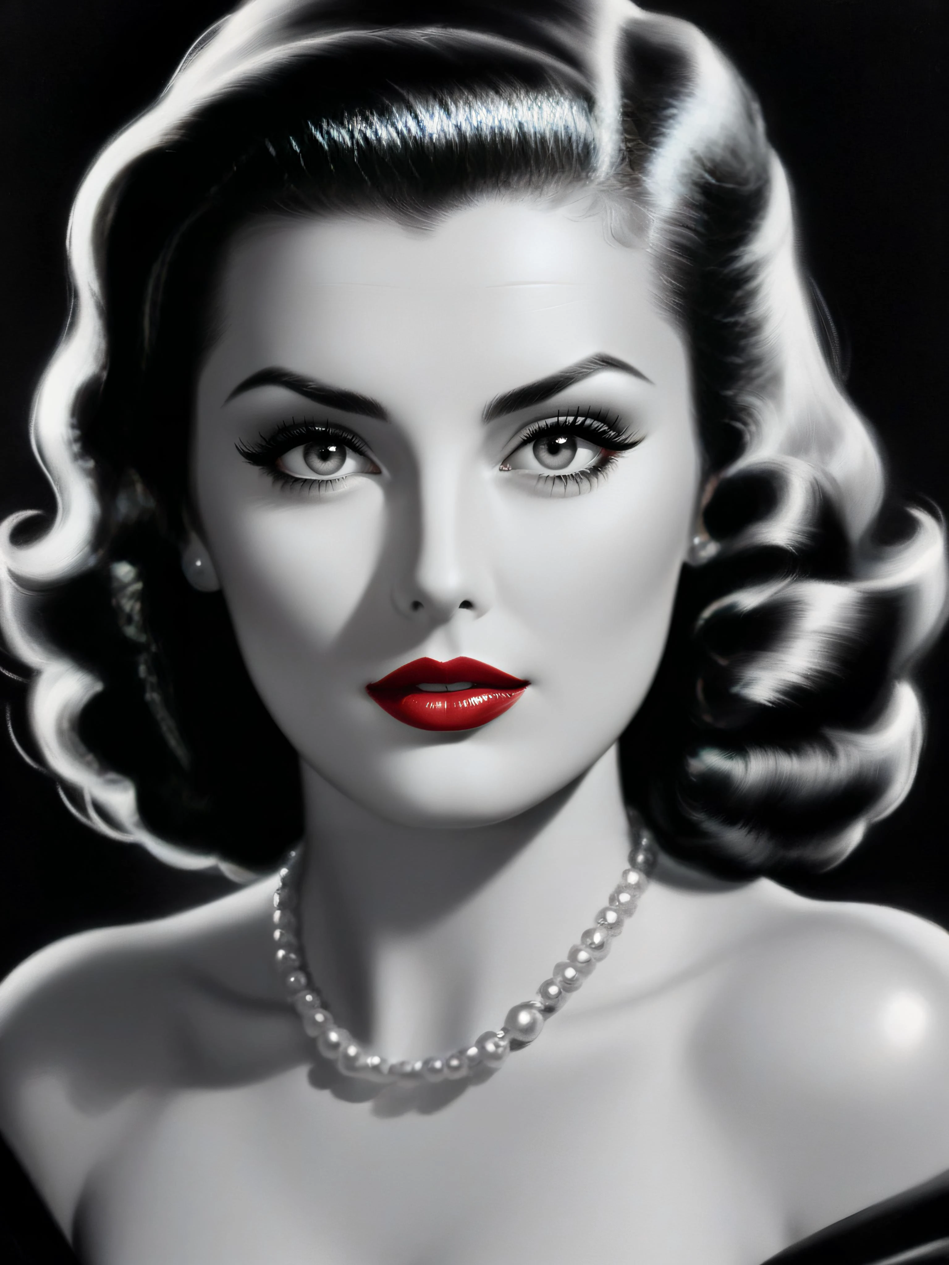 film noir style, woman, red lips, highly detailed, sharp focus, ultra sharpness, monochrome, high contrast, dramatic shadows, 1940s style, mysterious, cinematic <lora:Art_Frahm:0.8> 1950s <lora:mkdrgs:0.8> hyperreal, hyperrealistic, hyperrealism, hyperrealistic painting, mkdrgs style