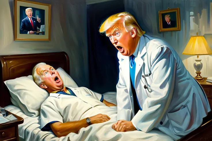 <lora:FF-Style-Edvard-Munch-vpred:0.9> in style of Edvard Munch, <lora:Art_Frahm:0.5> art by Art Frahm, 1950s, Edvard Munch painting of (Joe Biden:1.1) in pajamas lying in bed with surprised face, inspired by THE SCREAM painting, BREAK , (Donald trump as doctor in doctor's coat sitting near patient:1.3), emotional oil painting, highly detailed, volumetric, dramatic lighting, expression of feelings, imaginative